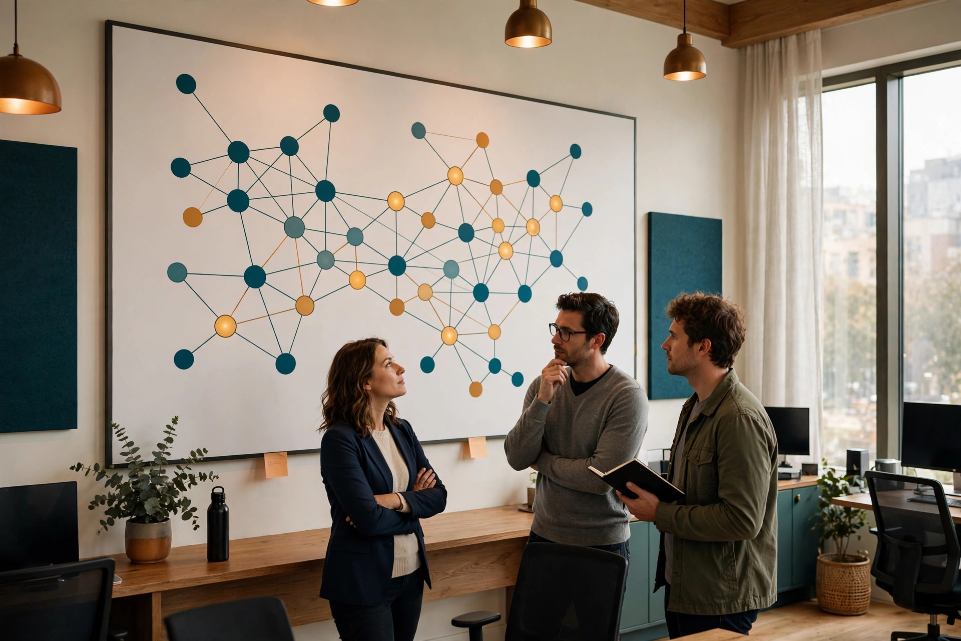 A calm operations room where a team reviews a service map on a large wall board