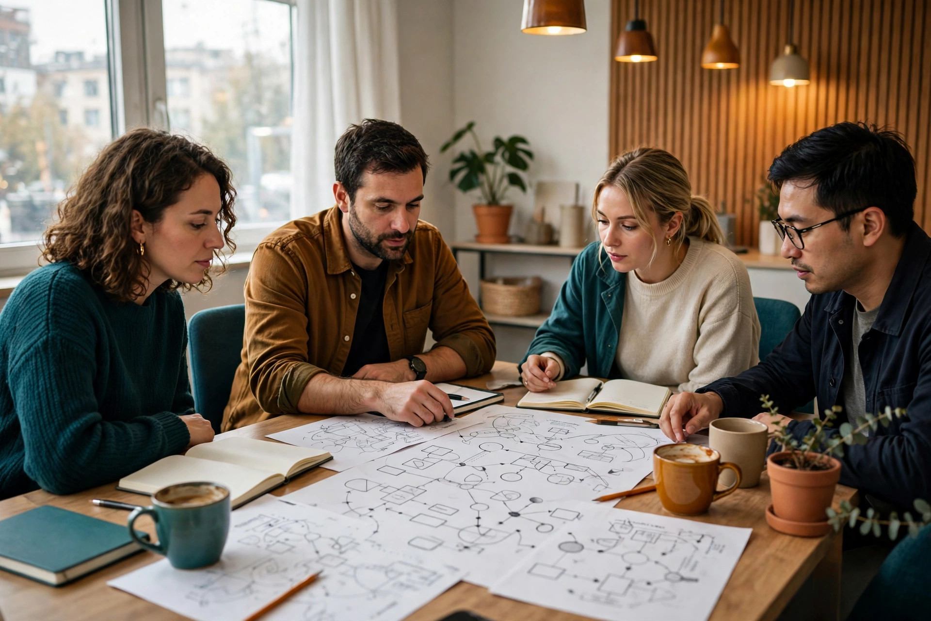 A small team around a table running a resilience exercise with printed service maps