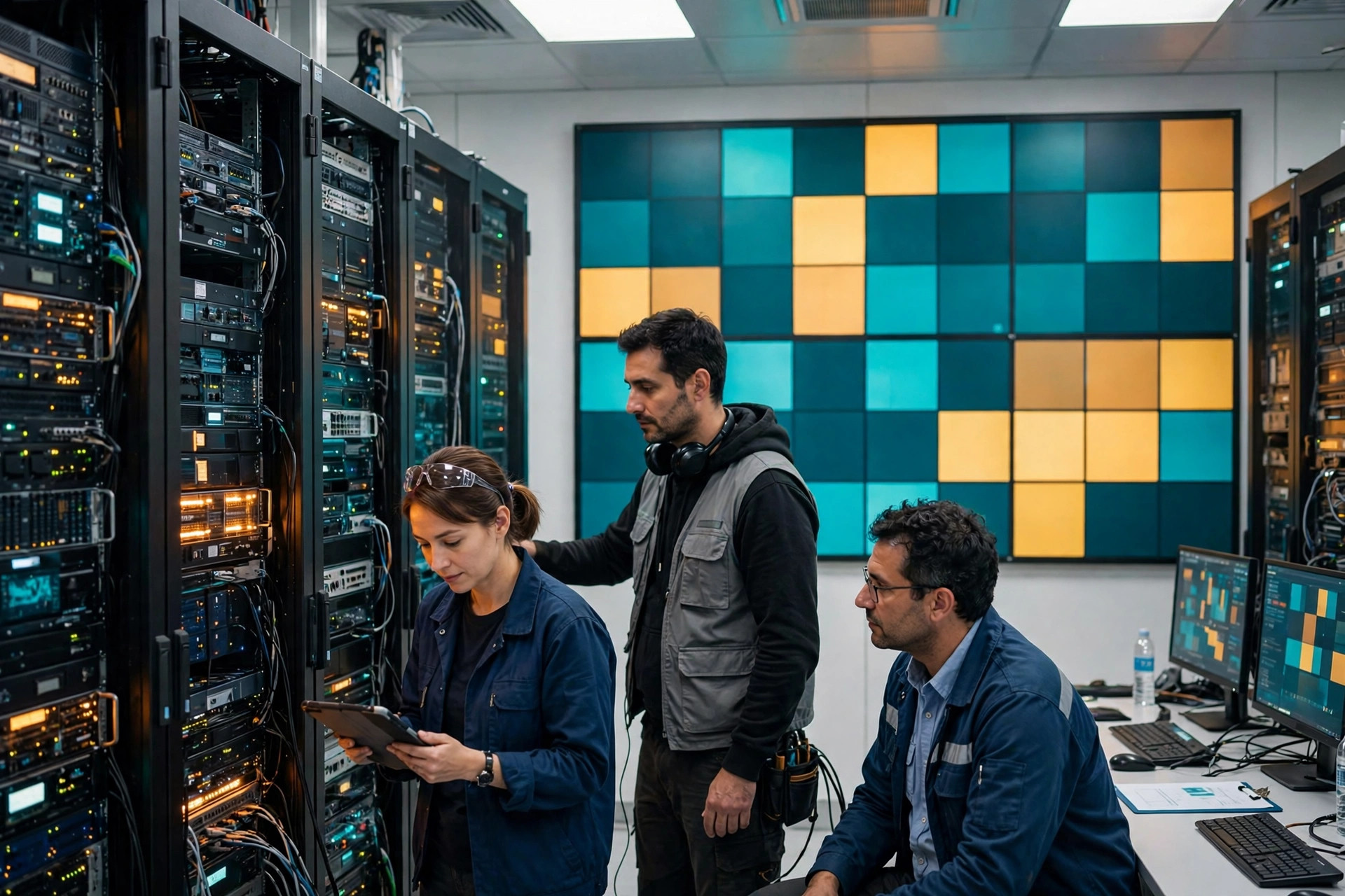 Engineers restoring a service in a bright control room